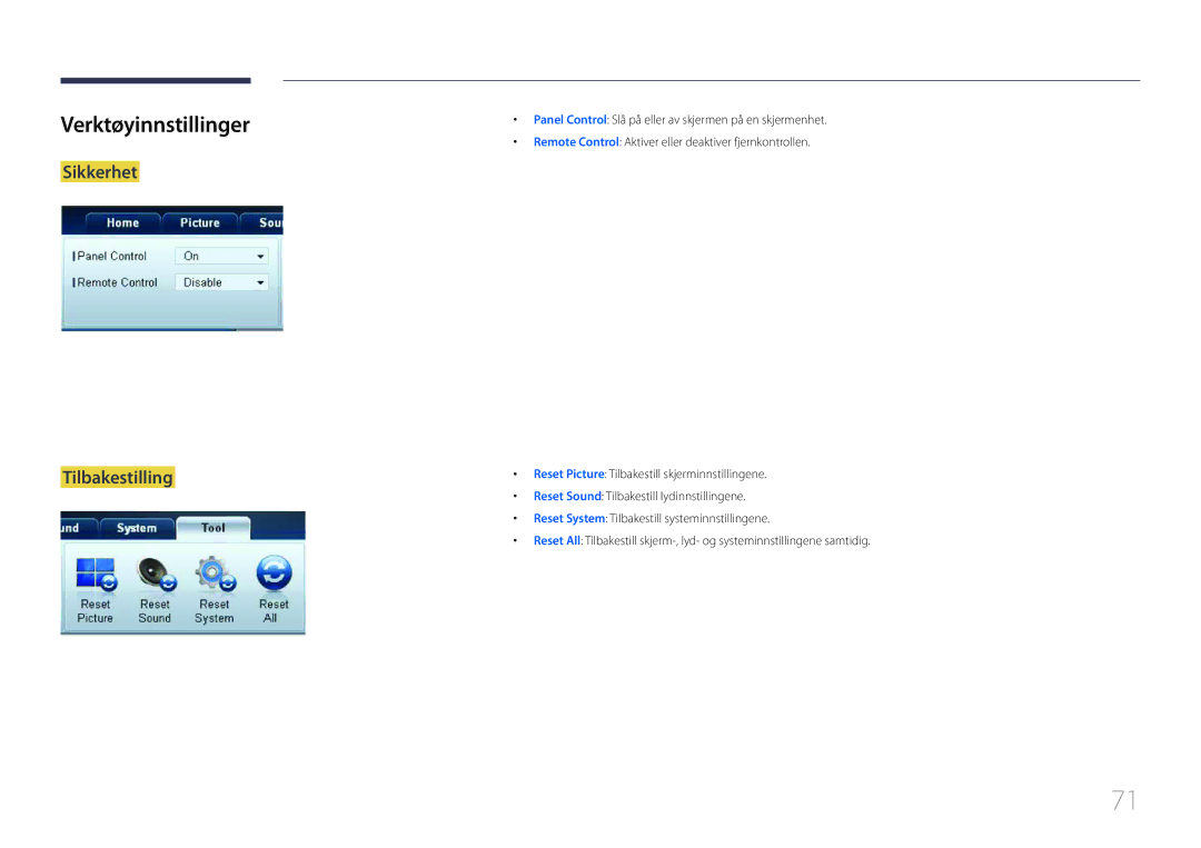 Samsung LH75EDCPLBC/EN, LH32EDCPLBC/EN, LH65EDCPLBC/EN, LH40EDCPLBC/EN manual Verktøyinnstillinger, Sikkerhet Tilbakestilling 