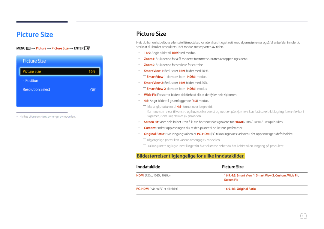 Samsung LH65EDCPRBC/EN manual Bildestørrelser tilgjengelige for ulike inndatakilder, Inndatakilde Picture Size 