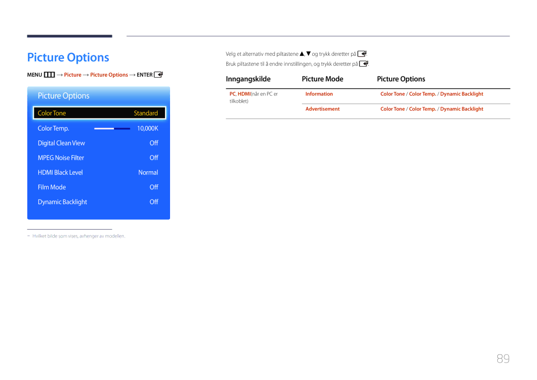 Samsung LH55EDCPLBC/EN manual Inngangskilde Picture Mode Picture Options, Color Temp 10,000K Digital Clean View Off 