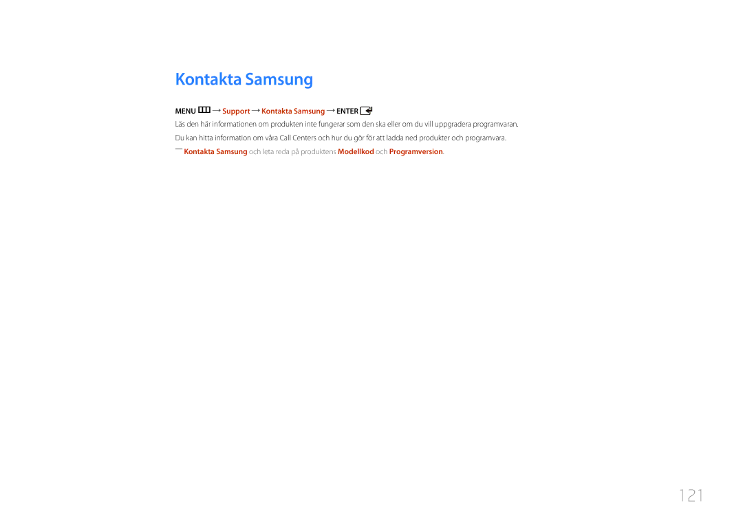 Samsung LH65EDCPLBC/EN, LH32EDCPLBC/EN, LH75EDCPLBC/EN, LH40EDCPLBC/EN manual 121, Menu m Support Kontakta Samsung Enter 