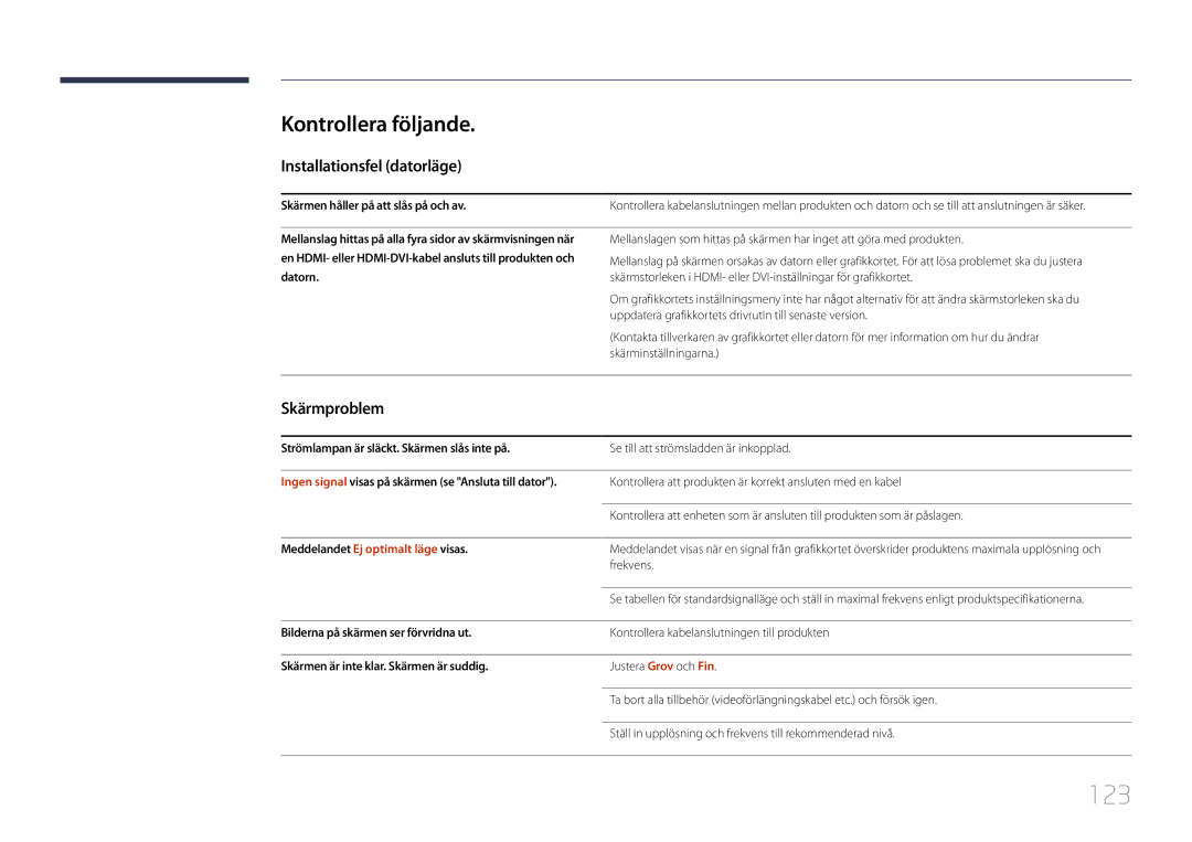 Samsung LH46EDCPLBC/EN, LH32EDCPLBC/EN, LH75EDCPLBC/EN 123, Kontrollera följande, Installationsfel datorläge, Skärmproblem 