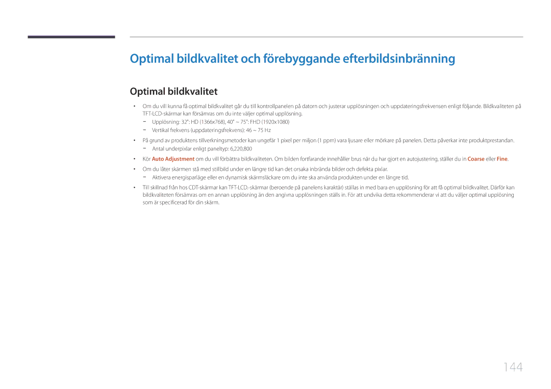 Samsung LH46EDCPLBC/EN, LH32EDCPLBC/EN, LH75EDCPLBC/EN manual Optimal bildkvalitet och förebyggande efterbildsinbränning, 144 