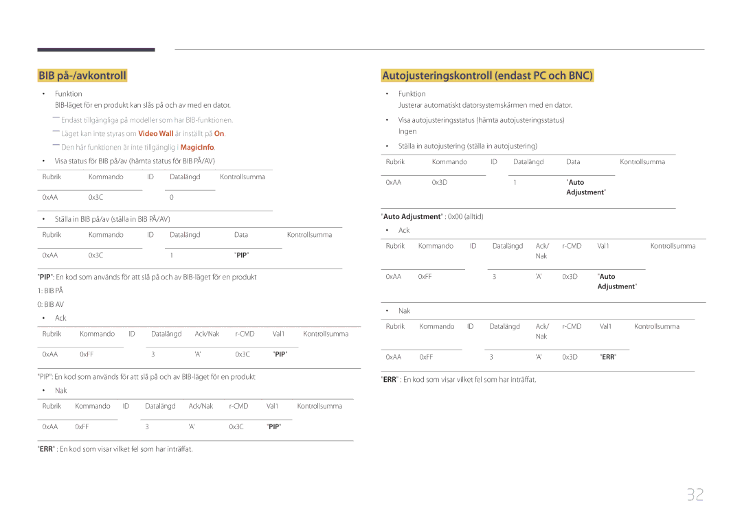 Samsung LH46EDCPLBC/EN, LH32EDCPLBC/EN, LH75EDCPLBC/EN manual BIB på-/avkontroll, Autojusteringskontroll endast PC och BNC 