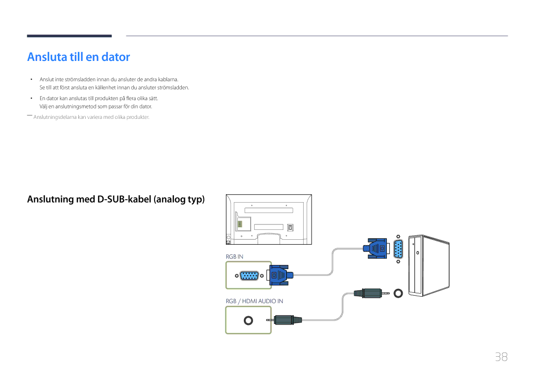 Samsung LH40EDCPLBC/EN, LH32EDCPLBC/EN, LH75EDCPLBC/EN manual Ansluta till en dator, Anslutning med D-SUB-kabel analog typ 