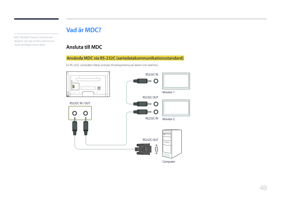 Samsung LH65EDCPRBC/EN manual Vad är MDC?, Ansluta till MDC, Använda MDC via RS-232C seriedatakommunikationsstandard 