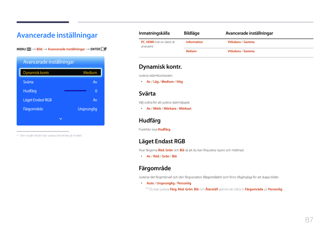 Samsung LH40EDCPLBC/EN, LH32EDCPLBC/EN, LH75EDCPLBC/EN, LH65EDCPLBC/EN, LH46EDCPLBC/EN manual Avancerade inställningar 