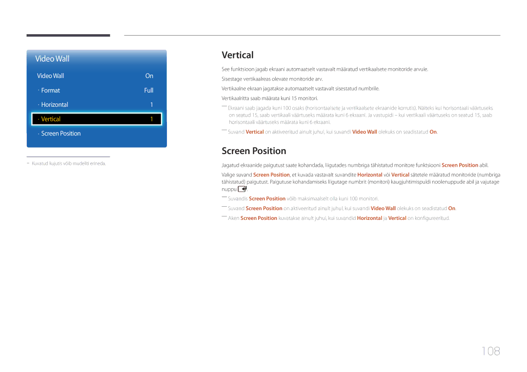 Samsung LH40EDCPLBC/EN, LH32EDCPLBC/EN manual 108, Vertical, Screen Position, Video Wall · Format Full · Horizontal 