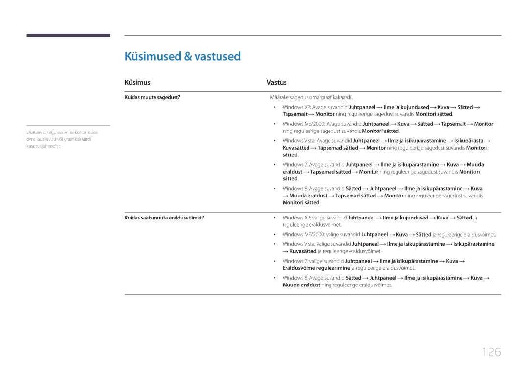 Samsung LH32EDCPLBC/EN, LH75EDCPLBC/EN, LH65EDCPLBC/EN, LH40EDCPLBC/EN manual Küsimused & vastused, 126, Küsimus Vastus 