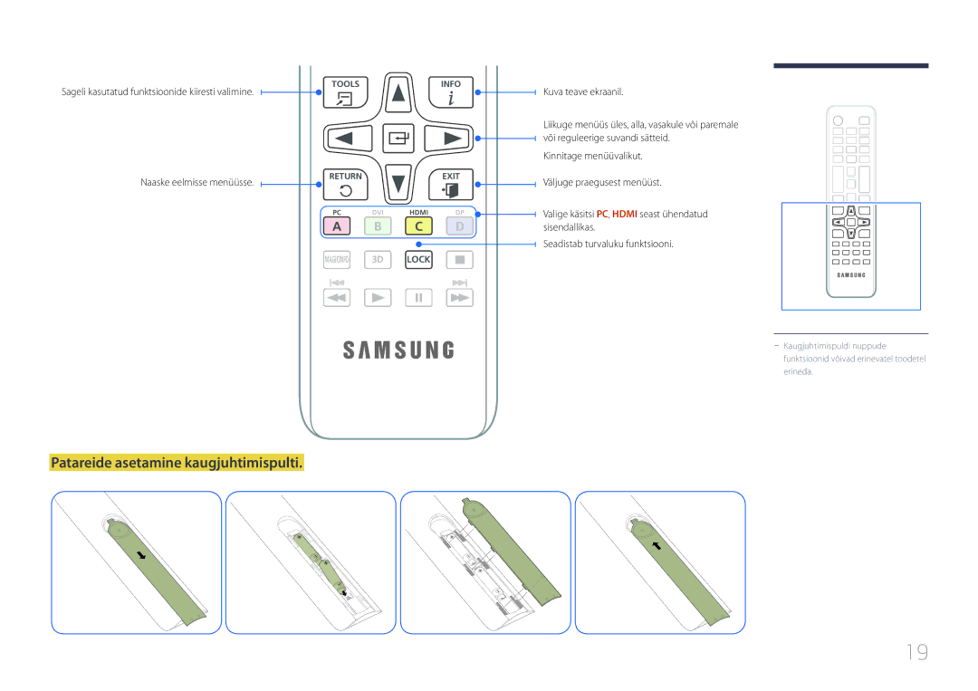 Samsung LH55EDCPLBC/EN manual Patareide asetamine kaugjuhtimispulti, Sageli kasutatud funktsioonide kiiresti valimine 