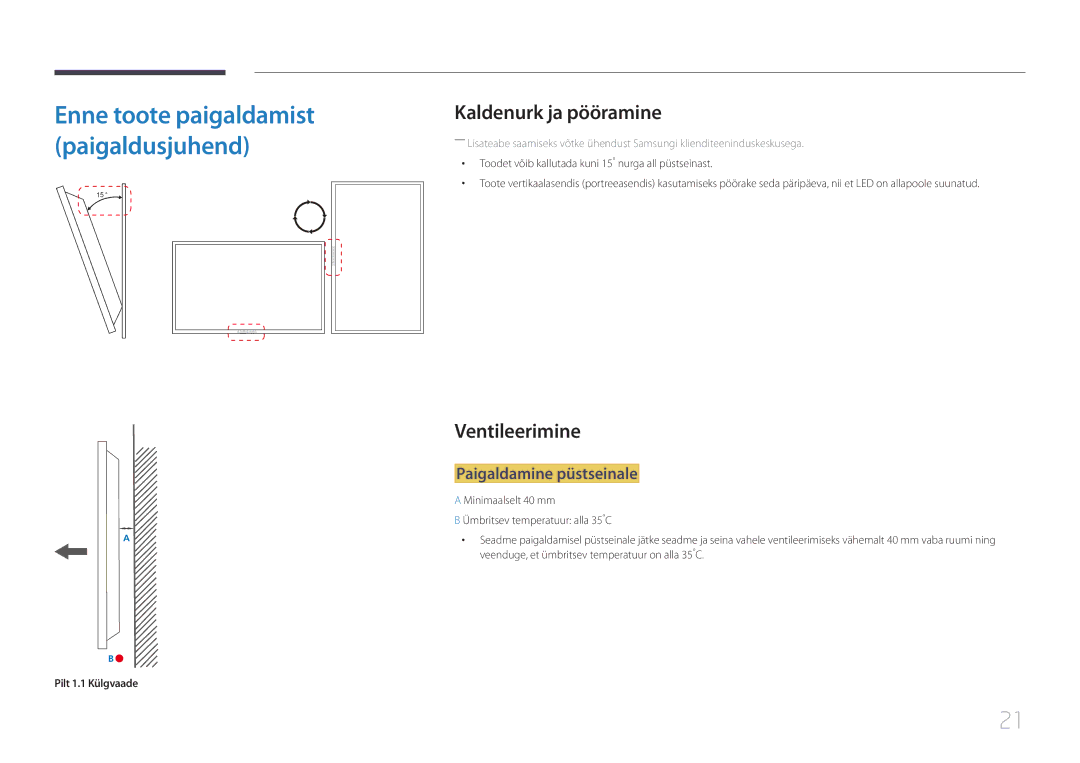 Samsung LH32EDCPLBC/EN manual Kaldenurk ja pööramine, Ventileerimine, Paigaldamine püstseinale, Pilt 1.1 Külgvaade 