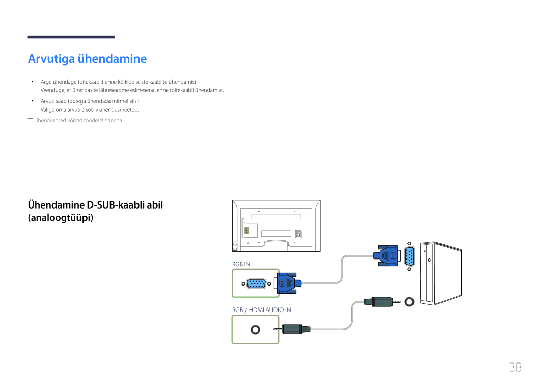 Samsung LH40EDCPLBC/EN, LH32EDCPLBC/EN, LH75EDCPLBC/EN manual Arvutiga ühendamine, Ühendamine D-SUB-kaabli abil analoogtüüpi 