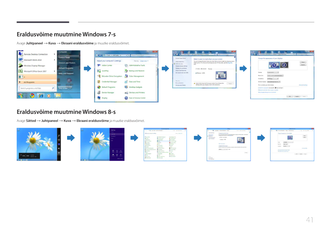 Samsung LH65EDCPRBC/EN, LH32EDCPLBC/EN, LH75EDCPLBC/EN Eraldusvõime muutmine Windows 7-s, Eraldusvõime muutmine Windows 8-s 