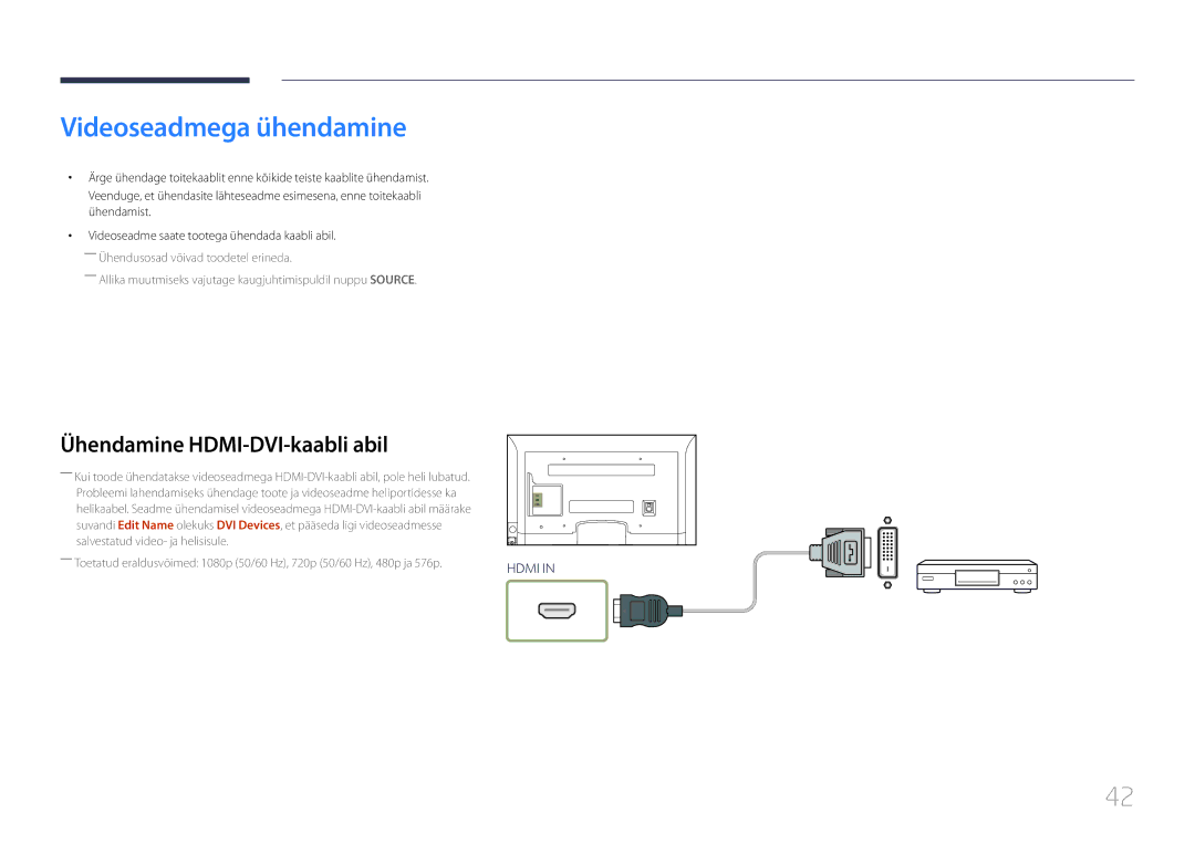 Samsung LH32EDCPLBC/EN, LH75EDCPLBC/EN, LH65EDCPLBC/EN manual Videoseadmega ühendamine, Ühendamine HDMI-DVI-kaabli abil 