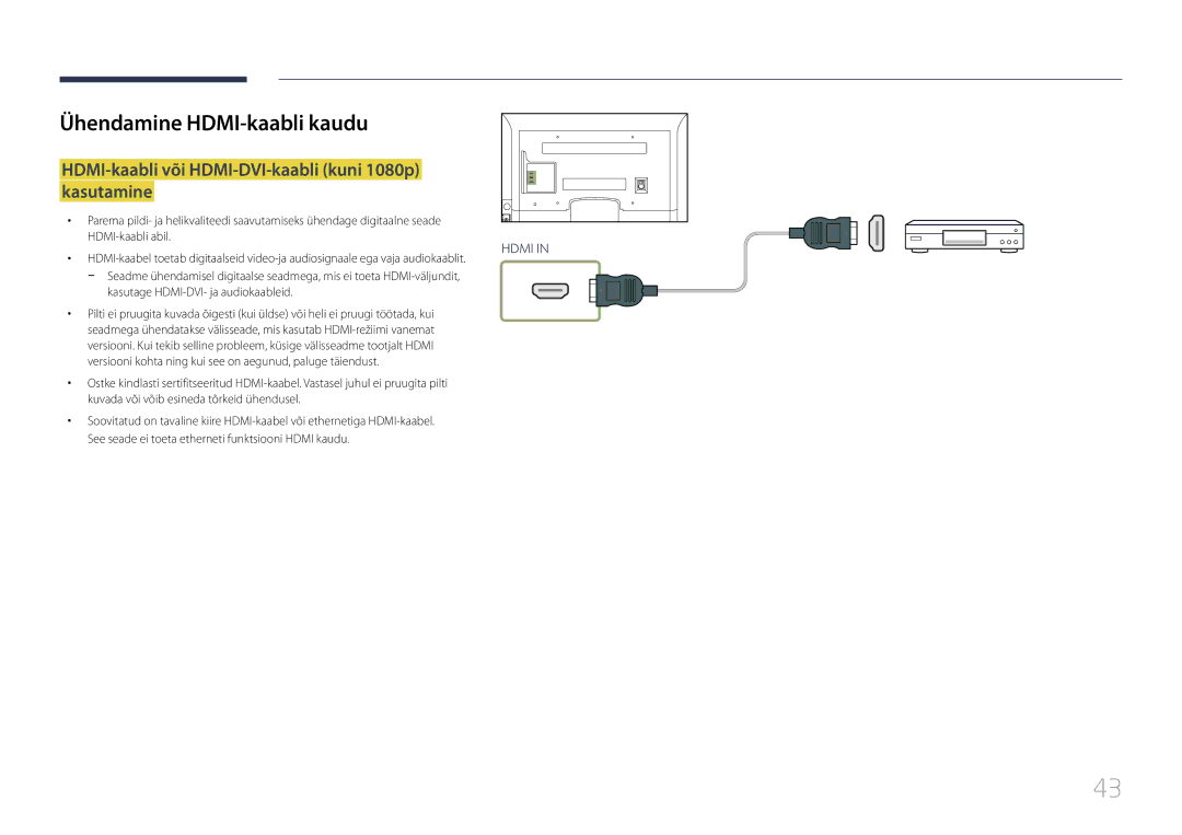 Samsung LH75EDCPLBC/EN, LH32EDCPLBC/EN Ühendamine HDMI-kaabli kaudu, HDMI-kaabli või HDMI-DVI-kaabli kuni 1080p kasutamine 