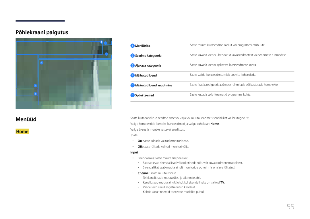 Samsung LH65EDCPRBC/EN, LH32EDCPLBC/EN, LH75EDCPLBC/EN, LH65EDCPLBC/EN, LH40EDCPLBC/EN manual Põhiekraani paigutus Menüüd 