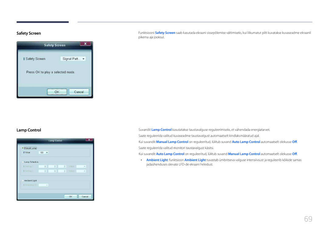Samsung LH65EDCPRBC/EN, LH32EDCPLBC/EN, LH75EDCPLBC/EN, LH65EDCPLBC/EN, LH40EDCPLBC/EN manual Safety Screen Lamp Control 