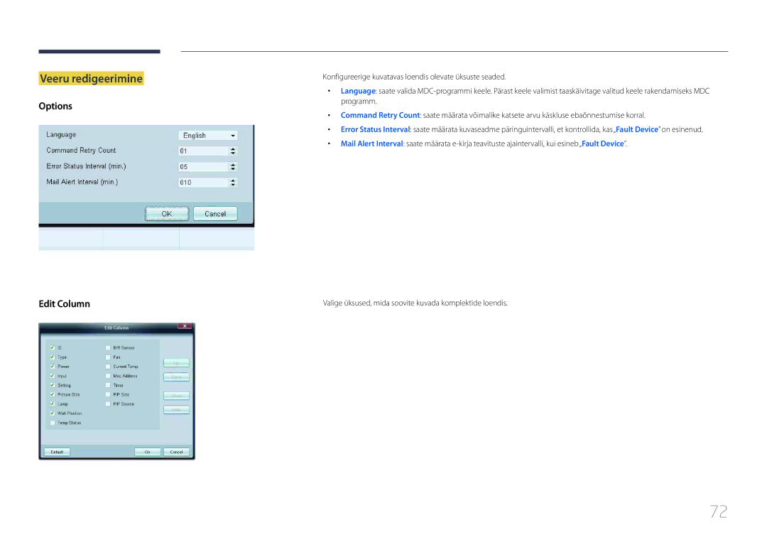 Samsung LH65EDCPLBC/EN, LH32EDCPLBC/EN, LH75EDCPLBC/EN, LH40EDCPLBC/EN manual Veeru redigeerimine, Options Edit Column 