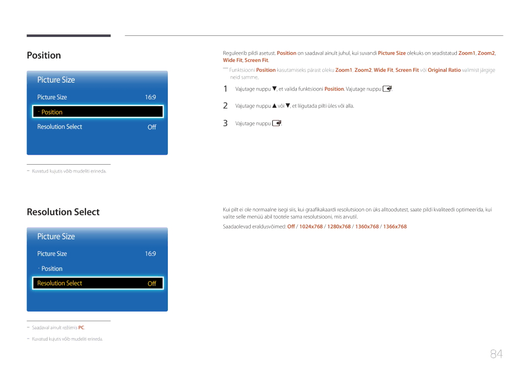 Samsung LH32EDCPLBC/EN, LH75EDCPLBC/EN manual Resolution Select, Picture Size 169 · Position, Vajutage nuppu 