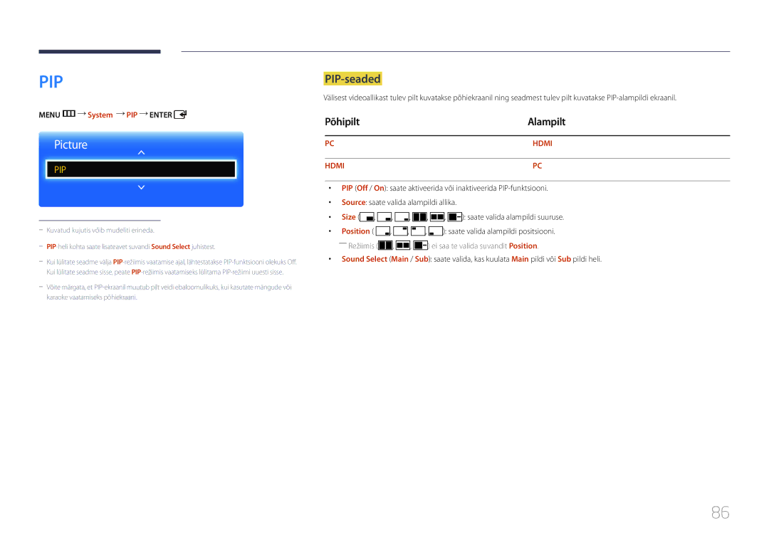 Samsung LH65EDCPLBC/EN, LH32EDCPLBC/EN, LH75EDCPLBC/EN manual PIP-seaded, Põhipilt Alampilt, Menu m System PIP Enter 