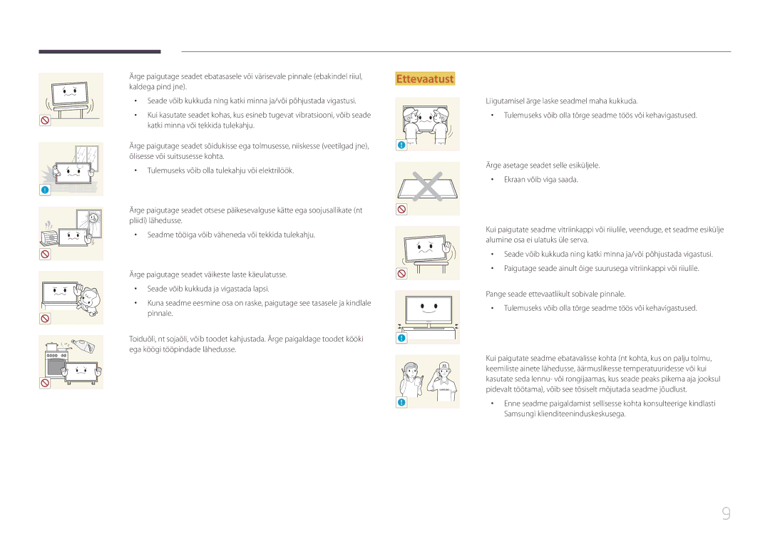 Samsung LH65EDCPLBC/EN, LH32EDCPLBC/EN manual Katki minna või tekkida tulekahju, Pinnale, Ega köögi tööpindade lähedusse 