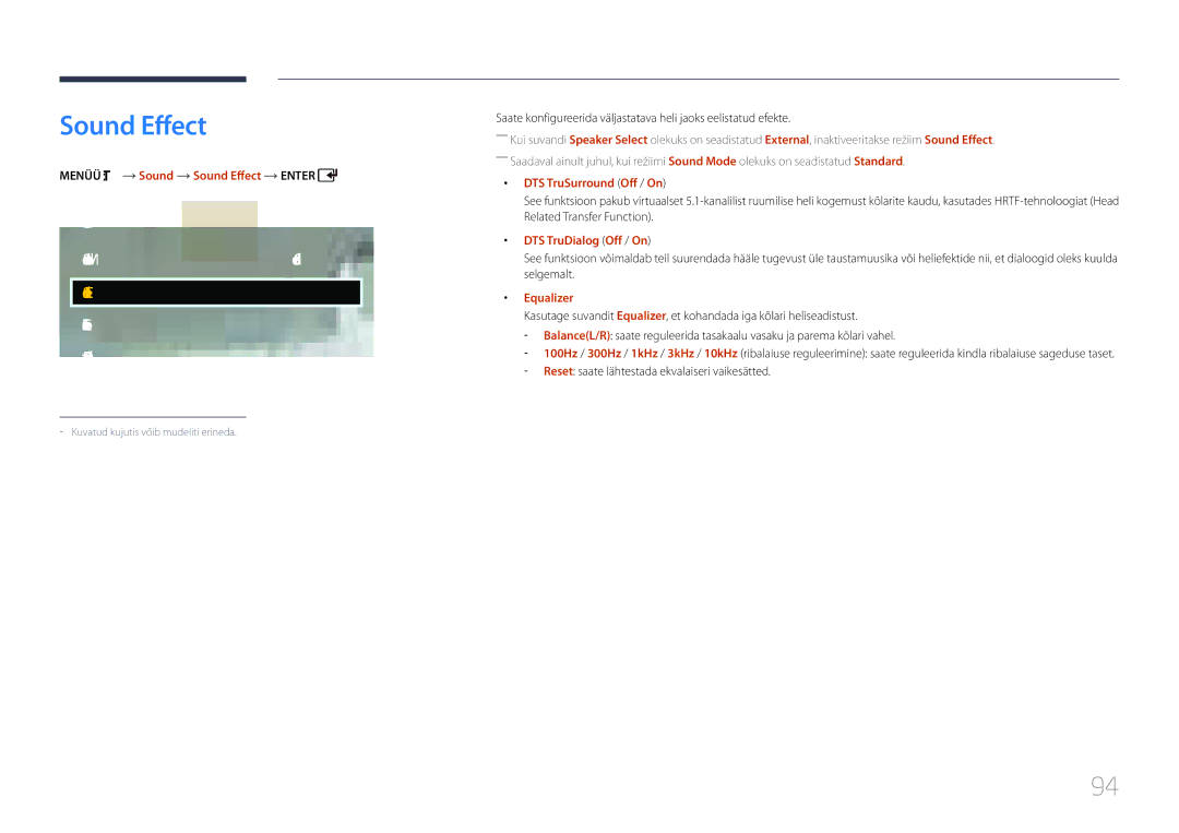 Samsung LH40EDCPLBC/EN, LH32EDCPLBC/EN, LH75EDCPLBC/EN manual Sound Effect, Sound Mode, Speaker Settings Reset Sound 