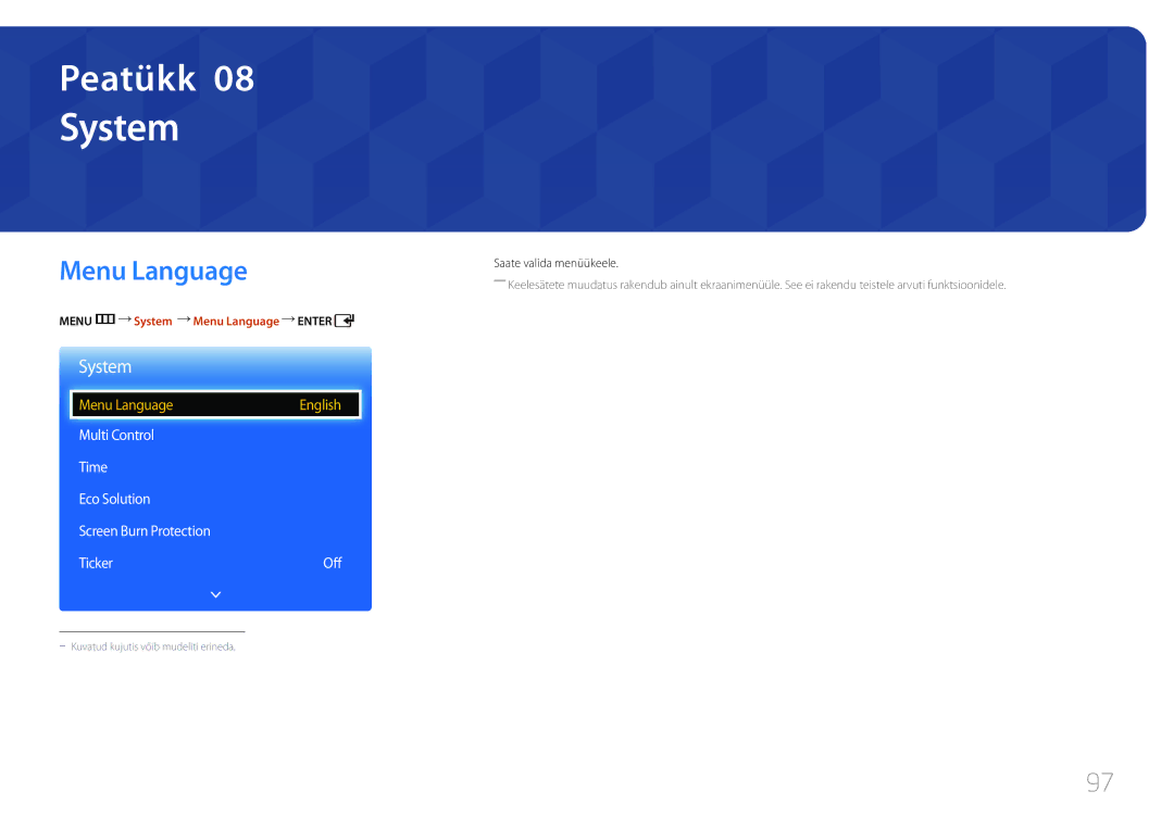 Samsung LH65EDCPRBC/EN, LH32EDCPLBC/EN, LH75EDCPLBC/EN Menu m System Menu Language Enter, Saate valida menüükeele 