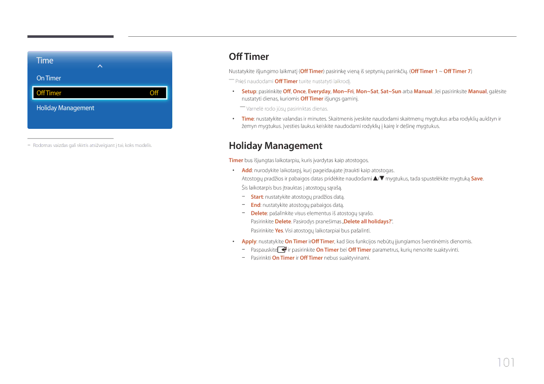 Samsung LH40EDCPLBC/EN manual 101, Holiday Management, Pasirinkti On Timer ir Off Timer nebus suaktyvinami 