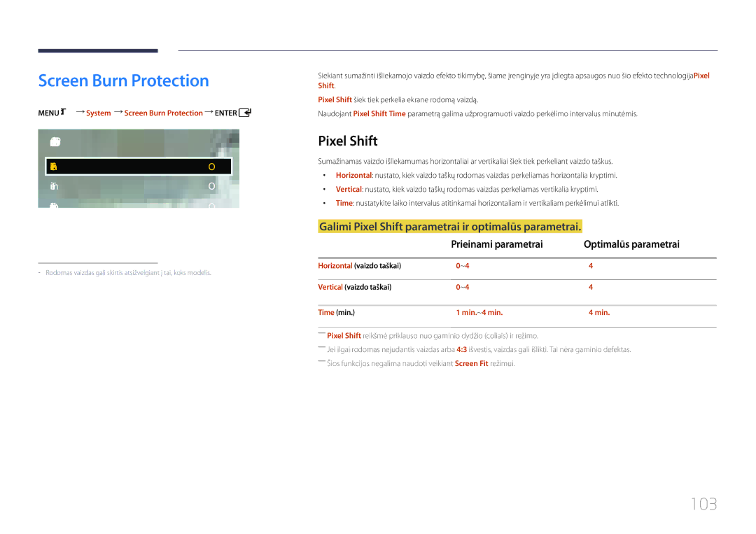 Samsung LH55EDCPLBC/EN manual Screen Burn Protection, 103, Galimi Pixel Shift parametrai ir optimalūs parametrai 