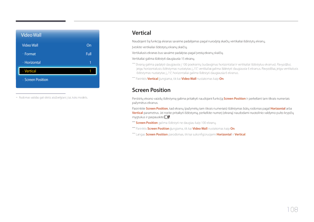 Samsung LH40EDCPLBC/EN, LH32EDCPLBC/EN manual 108, Vertical, Screen Position, Video Wall · Format Full · Horizontal 