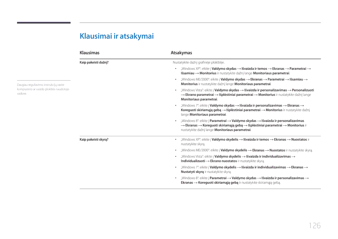 Samsung LH32EDCPLBC/EN, LH75EDCPLBC/EN, LH65EDCPLBC/EN, LH40EDCPLBC/EN manual Klausimai ir atsakymai, 126, Klausimas Atsakymas 