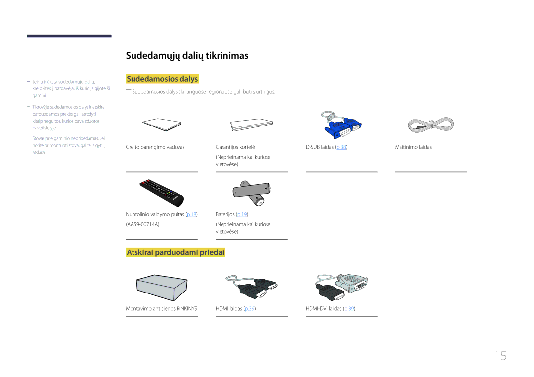 Samsung LH75EDCPLBC/EN, LH32EDCPLBC/EN manual Sudedamųjų dalių tikrinimas, Sudedamosios dalys, Atskirai parduodami priedai 