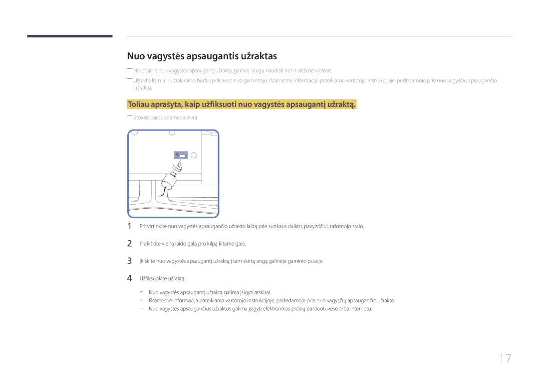 Samsung LH40EDCPLBC/EN, LH32EDCPLBC/EN, LH75EDCPLBC/EN Nuo vagystės apsaugantis užraktas, ――Stovas parduodamas atskirai 