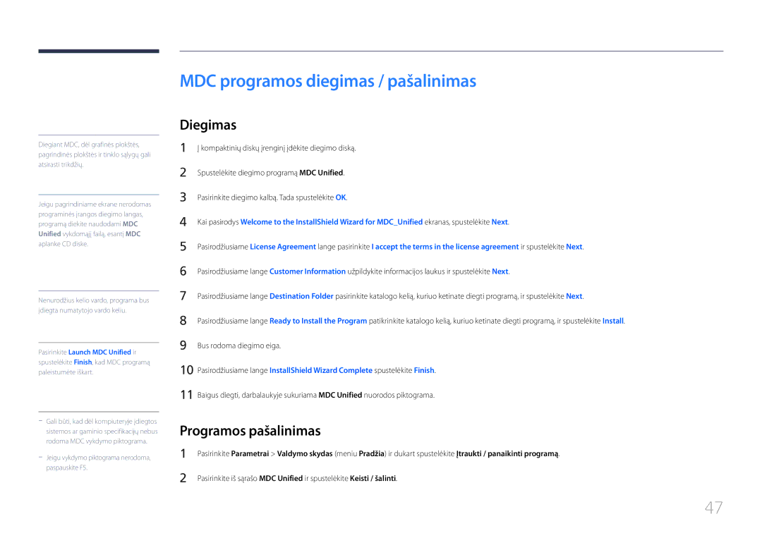 Samsung LH55EDCPLBC/EN, LH32EDCPLBC/EN, LH75EDCPLBC/EN manual MDC programos diegimas / pašalinimas, Programos pašalinimas 