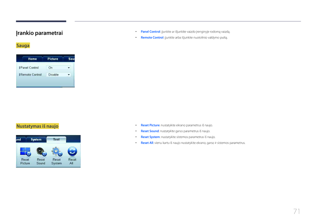 Samsung LH75EDCPLBC/EN, LH32EDCPLBC/EN, LH65EDCPLBC/EN, LH40EDCPLBC/EN manual Įrankio parametrai, Sauga Nustatymas iš naujo 