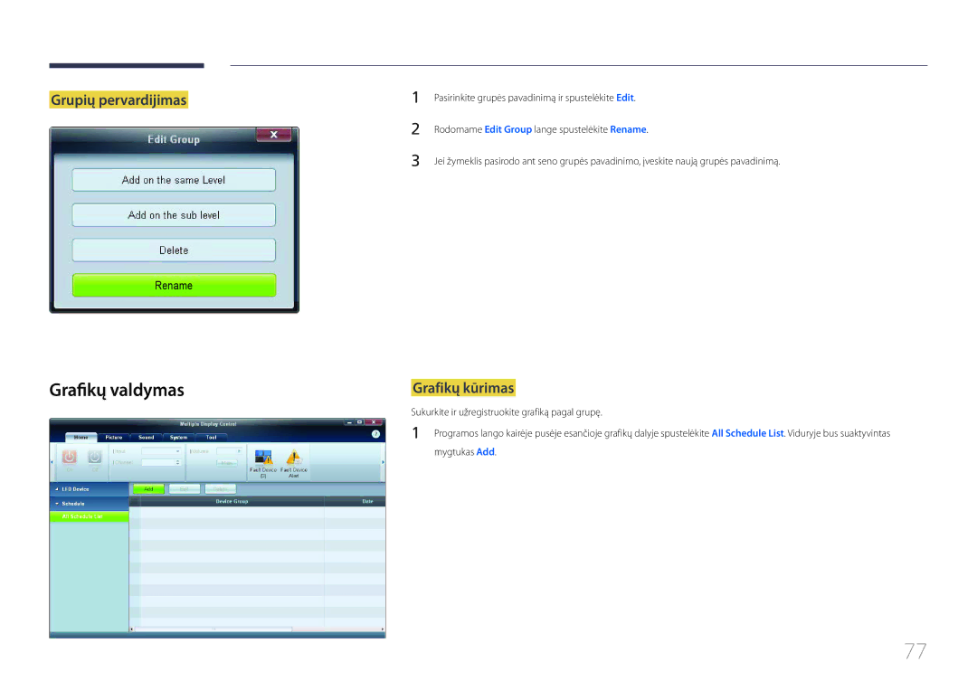 Samsung LH32EDCPLBC/EN, LH75EDCPLBC/EN, LH65EDCPLBC/EN manual Grafikų valdymas, Grupių pervardijimas, Grafikų kūrimas 