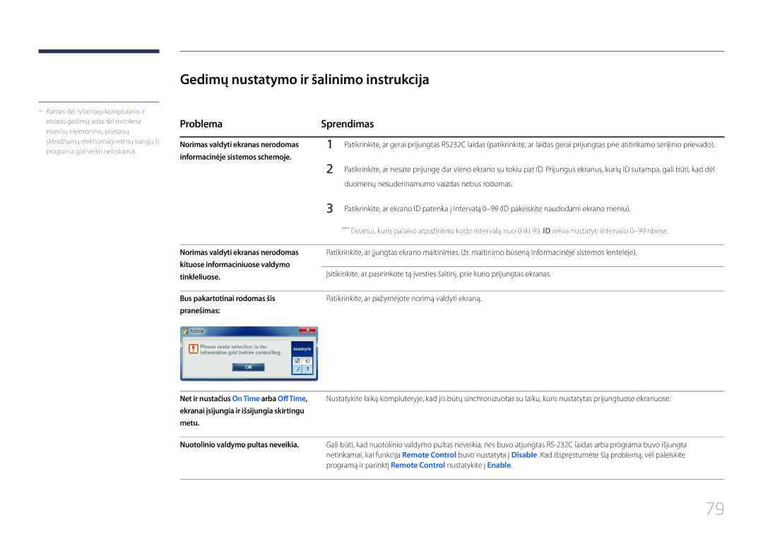 Samsung LH65EDCPLBC/EN Gedimų nustatymo ir šalinimo instrukcija, Problema Sprendimas, Kituose informaciniuose valdymo 