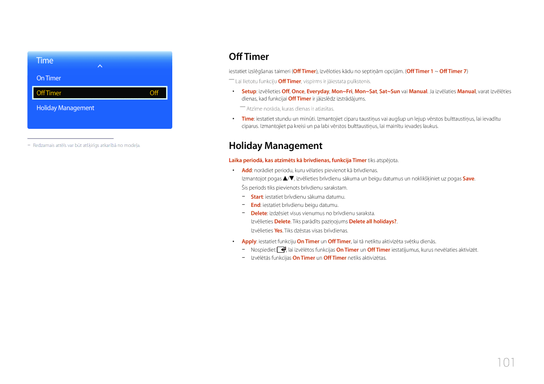 Samsung LH40EDCPLBC/EN, LH32EDCPLBC/EN, LH75EDCPLBC/EN, LH65EDCPLBC/EN manual 101, Off Timer, Holiday Management, On Timer 