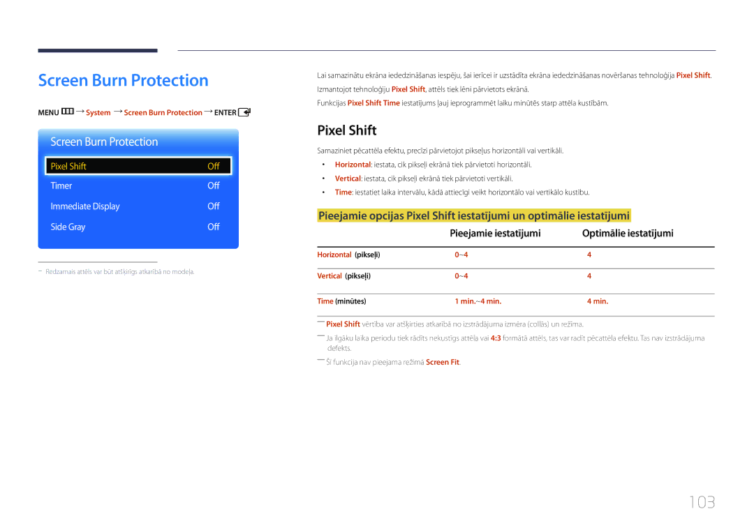 Samsung LH55EDCPLBC/EN manual Screen Burn Protection, 103, Pixel Shift, Pieejamie iestatījumi Optimālie iestatījumi 