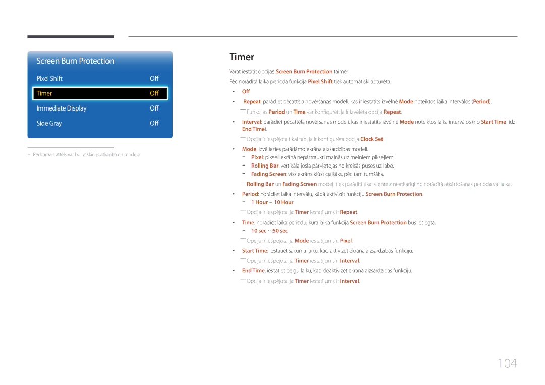 Samsung LH65EDCPRBC/EN, LH32EDCPLBC/EN, LH75EDCPLBC/EN manual 104, Timer, Pixel Shift Off, Immediate Display Off Side Gray 