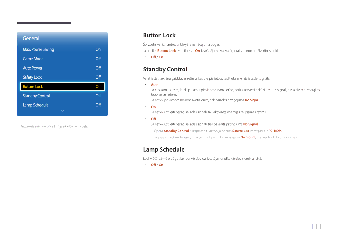 Samsung LH65EDCPRBC/EN, LH32EDCPLBC/EN, LH75EDCPLBC/EN, LH65EDCPLBC/EN manual 111, Button Lock, Standby Control, Lamp Schedule 