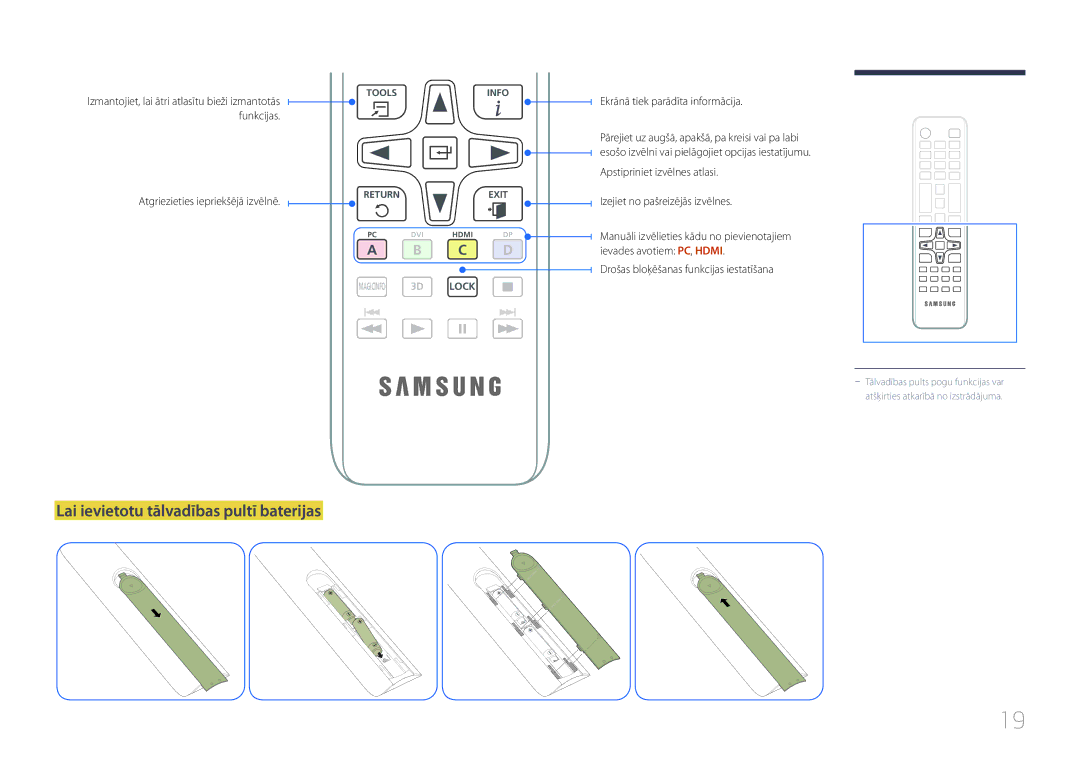 Samsung LH55EDCPLBC/EN, LH32EDCPLBC/EN manual Lai ievietotu tālvadības pultī baterijas, Atgriezieties iepriekšējā izvēlnē 