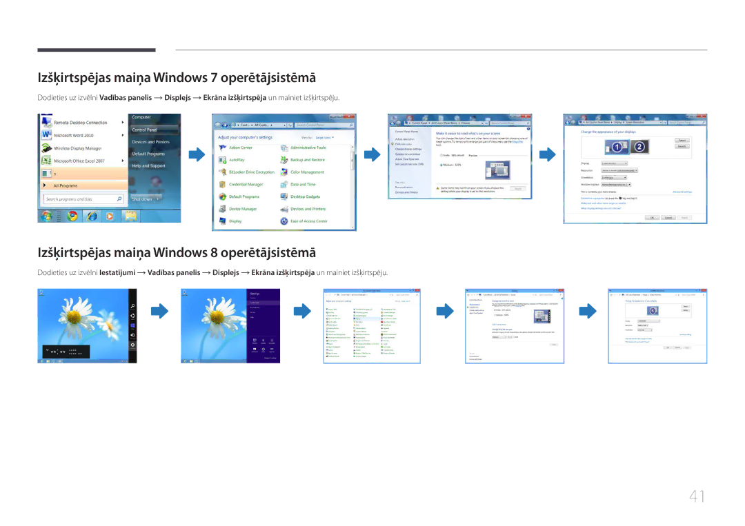 Samsung LH65EDCPRBC/EN manual Izšķirtspējas maiņa Windows 7 operētājsistēmā, Izšķirtspējas maiņa Windows 8 operētājsistēmā 