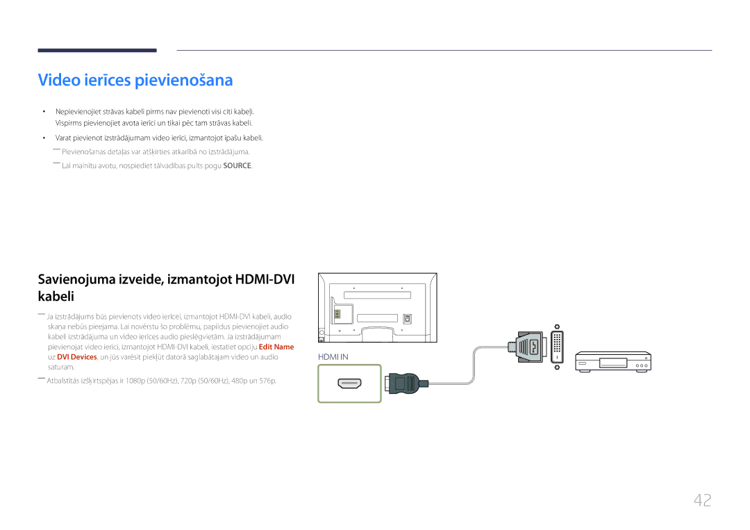 Samsung LH32EDCPLBC/EN, LH75EDCPLBC/EN manual Video ierīces pievienošana, Savienojuma izveide, izmantojot HDMI-DVI kabeli 