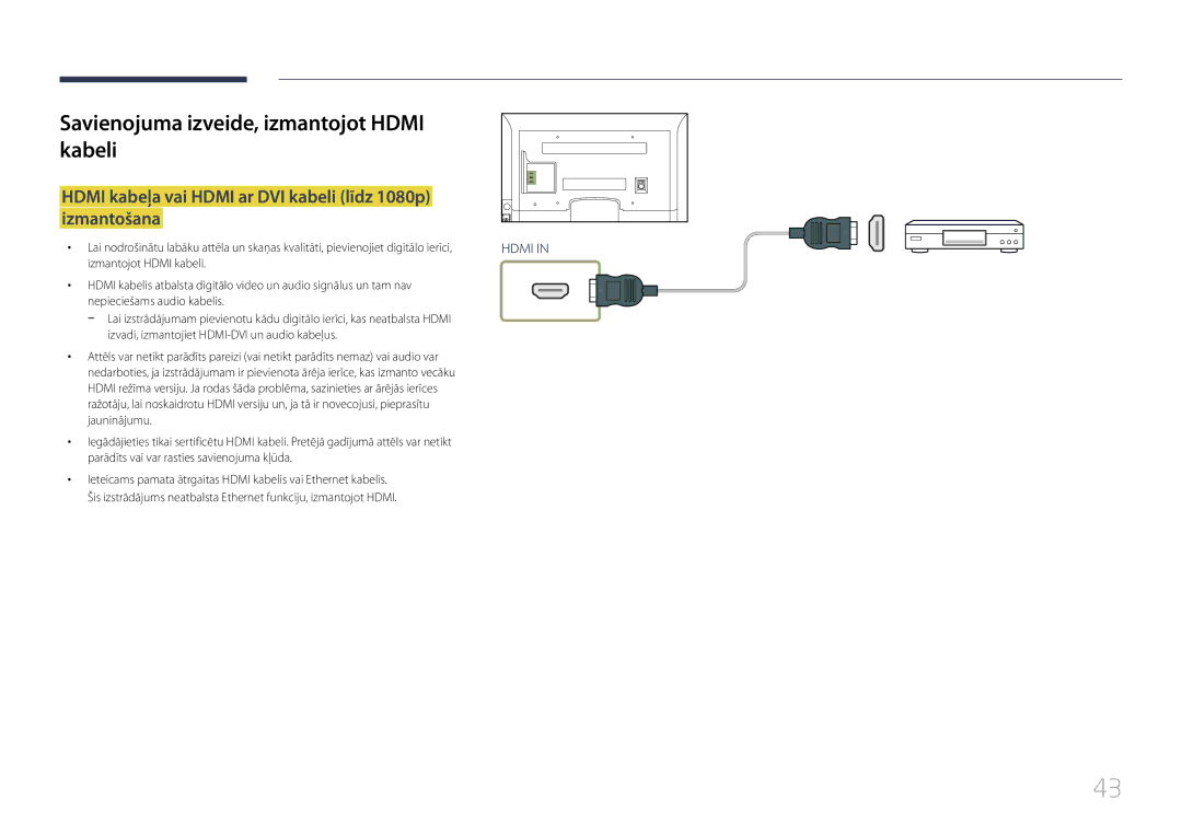 Samsung LH75EDCPLBC/EN, LH32EDCPLBC/EN, LH65EDCPLBC/EN, LH40EDCPLBC/EN manual Savienojuma izveide, izmantojot Hdmi kabeli 