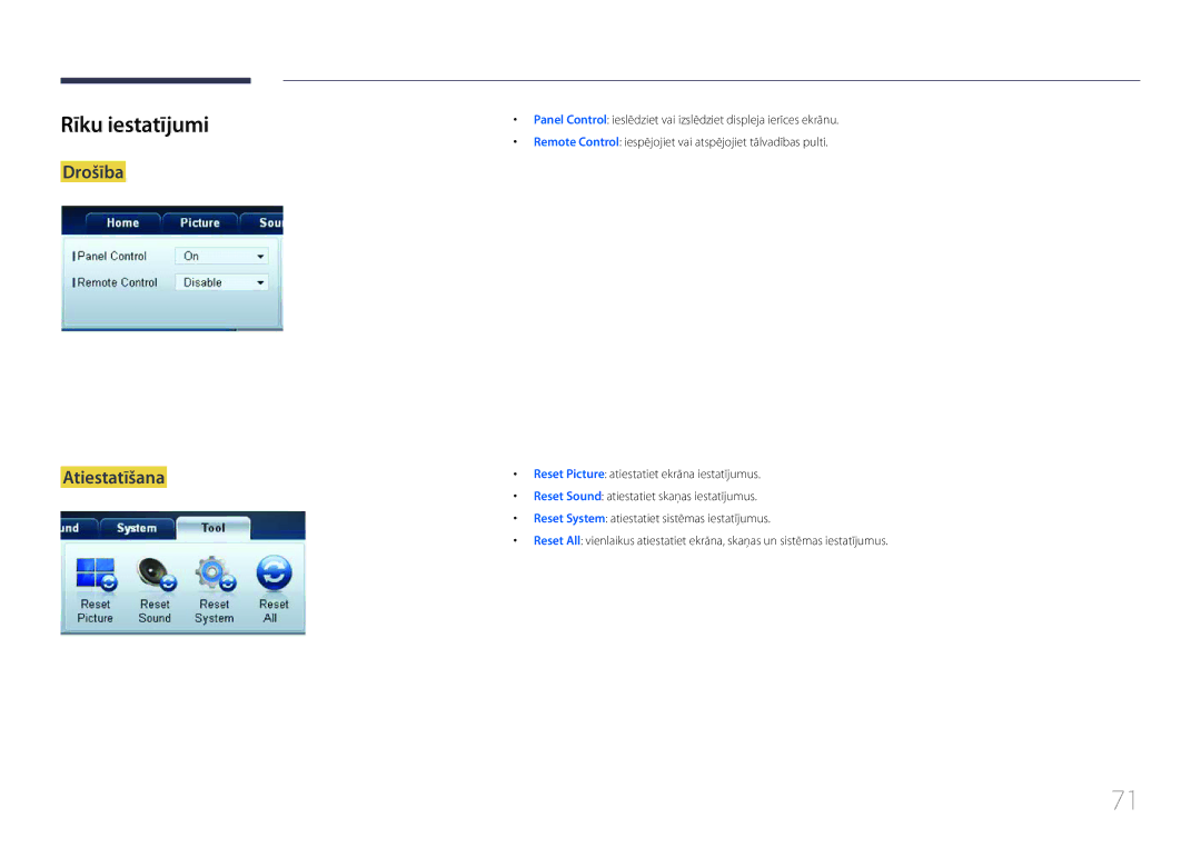 Samsung LH75EDCPLBC/EN, LH32EDCPLBC/EN, LH65EDCPLBC/EN, LH40EDCPLBC/EN manual Rīku iestatījumi, Drošība Atiestatīšana 