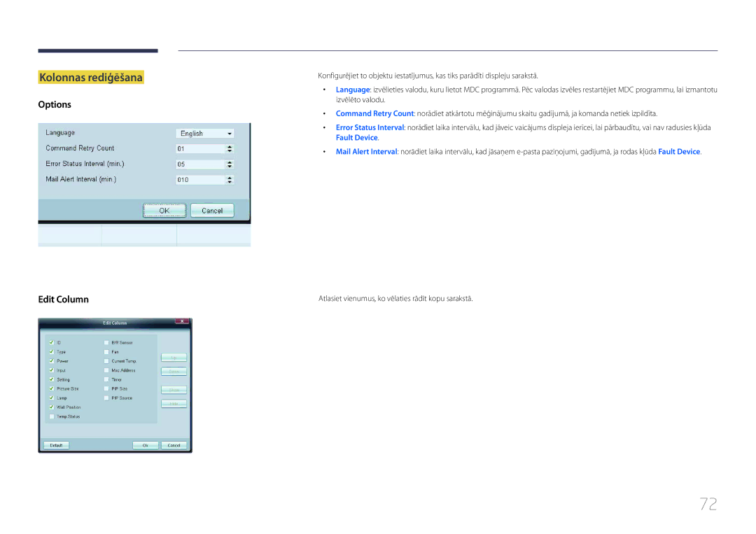 Samsung LH65EDCPLBC/EN, LH32EDCPLBC/EN, LH75EDCPLBC/EN, LH40EDCPLBC/EN manual Kolonnas rediģēšana, Options Edit Column 