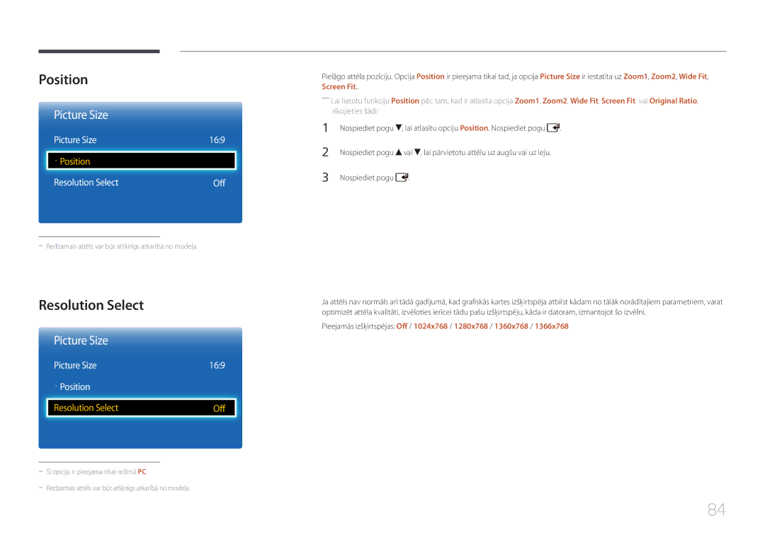 Samsung LH32EDCPLBC/EN, LH75EDCPLBC/EN, LH65EDCPLBC/EN manual Resolution Select, Picture Size 169 · Position 