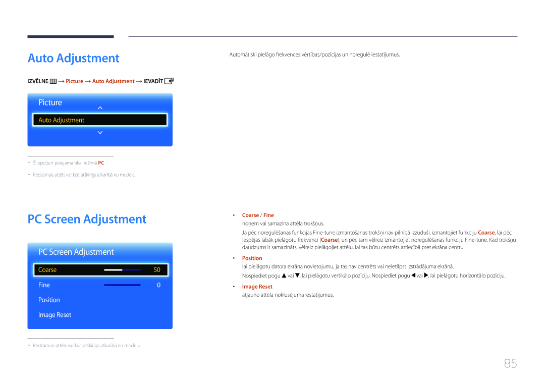 Samsung LH75EDCPLBC/EN, LH32EDCPLBC/EN, LH65EDCPLBC/EN Auto Adjustment, PC Screen Adjustment, Fine Position Image Reset 