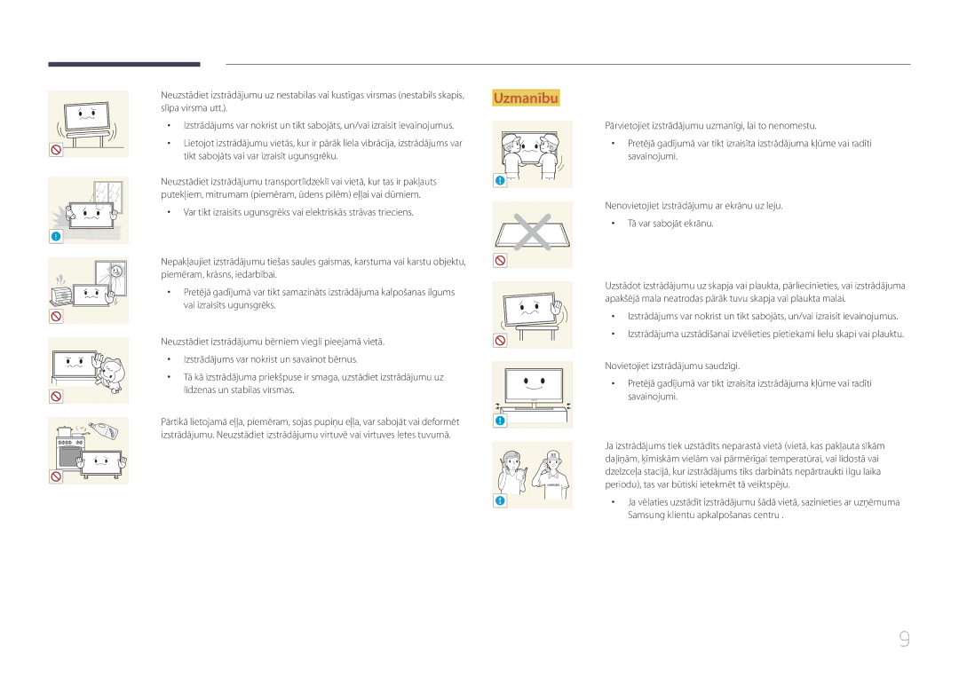 Samsung LH65EDCPLBC/EN manual Slīpa virsma utt, Tikt sabojāts vai var izraisīt ugunsgrēku, Piemēram, krāsns, iedarbībai 