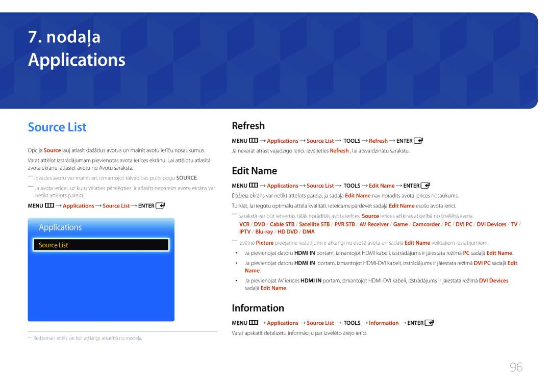 Samsung LH55EDCPLBC/EN, LH32EDCPLBC/EN, LH75EDCPLBC/EN manual Applications, Source List, Refresh, Edit Name, Information 